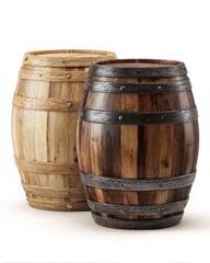 Fototapeta premium Two wooden barrels, one light, one dark, sit side-by-side against a white background; both feature metal bands and wooden staves