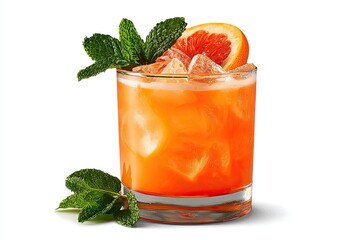Refreshing orange cocktail in rocks glass, garnished with grapefruit slice and mint sprigs, ice visible