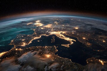 A nighttime satellite view of the Mediterranean region, showcasing the illuminated coastlines of Italy, France, and surrounding countries against a backdrop of dark space and swirling clouds