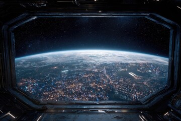 Night city lights illuminate a curved Earth viewed from a spaceship's window; dark space beyond