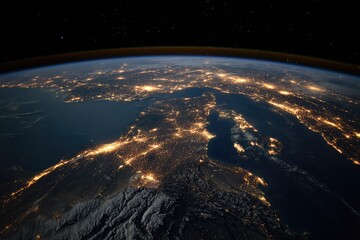 Night view of Earth from space, showing a vast, illuminated landmass with coastal features and a dark, starlit background