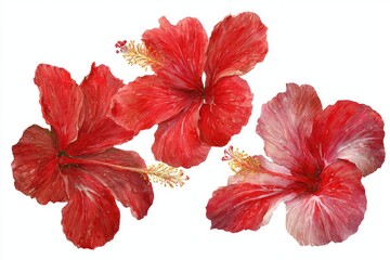 Three vibrant red hibiscus flowers, richly detailed, depicted against a stark white background, showcasing their intricate textures and subtle color variations