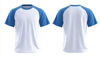 White short-sleeve raglan t-shirt with light blue sleeves, shown in front and back views on a white background