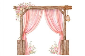 Rustic wooden archway adorned with peach drapes, tied with twine, and delicate floral arrangements.  A small bell hangs from one side