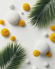 Minimalist composition featuring white spheres, vibrant yellow pom-pom flowers, and lush green palm fronds arranged symmetrically on a light gray background, creating a clean and elegant aesthetic