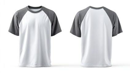 Two-toned raglan short-sleeve t-shirt, white body with grey sleeves, shown front and back on white background