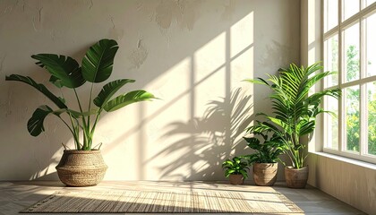 Fototapeta premium A sun-drenched room boasts a collection of lush houseplants, positioned near a large window, bathed in natural light.