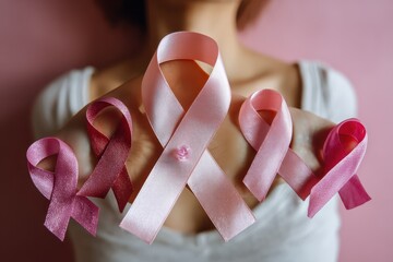 Women showcasing various pink ribbons for awareness campaigns in a soft pink background, emphasizing support for breast cancer awareness and representation of solidarity in a serene setting