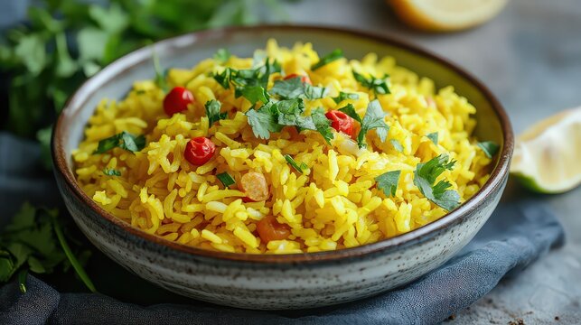 Delicious yellow rice dish garnished with fresh cilantro and red peppers served in a rustic ceramic bowl