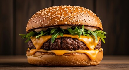 Juicy Beef Burger with Melted Cheese and Fresh Greens on a Toasted Sesame Seed Bun