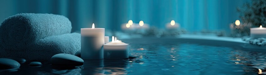 Spa scene with towels, candles, and stones