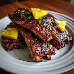 BBQ pork ribs, glazed, topped with pineapple