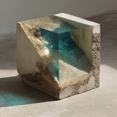 Concrete cube with a clear teal interior