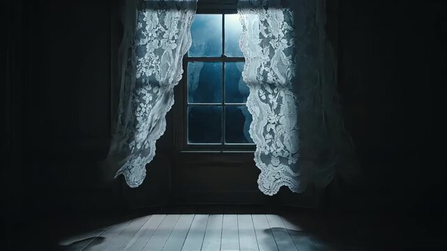 Dramatic slow motion of lace curtains blowing in wind at window at night in dark room