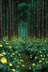 Mystic forest path, glowing yellow flowers