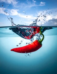 Chili pepper splashing in water