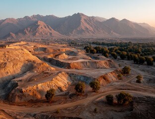 Desert landscape, mining site, mountains