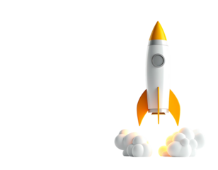 Cartoon rocket launching, white and yellow,  with exhaust