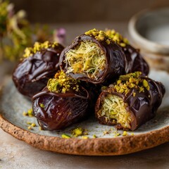 Chocolate-covered dates with pistachios