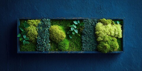 Framed moss wall art on dark blue background