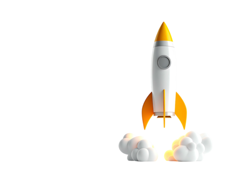 Cartoon rocket launching, white and yellow,  with exhaust