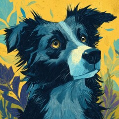 Stylized Dog Portrait with Floral Elements