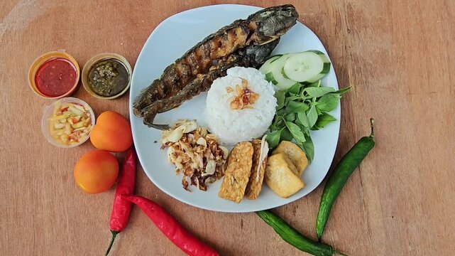 rice with vegetables,,Pecel lele set menu is deep fried Catfish served with rice,sliced cucumber,fresh indonesian basil and shrimp paste sambal or sambal terasi,additional menu fried tempeh and fried 