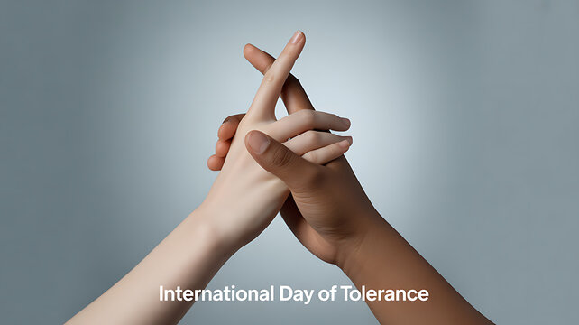 Two hands of different skin tones interlocking fingers against a neutral background, symbolizing unity and tolerance.