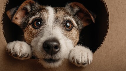 Curious dog peering through a cardboard box