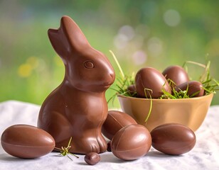 Chocolate bunny and eggs on a table