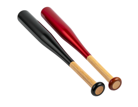 Two baseball bats, black and red, angled, with light-colored wood handles