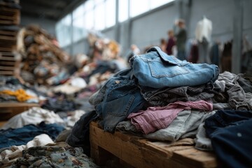 Second hand clothes stacked for sale in a bustling market filled with a variety of styles and textures on a sunny afternoon