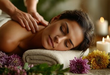 Relaxed woman enjoying ayurveda spa massage with flowers and candles, wellness and beauty therapy concept in calm atmosphere.