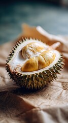 Durian fruit halved with soft lighting