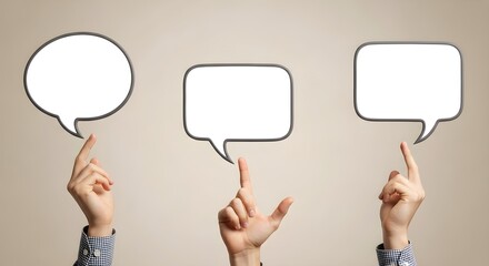 Three Hands Pointing to Blank Speech Bubbles
