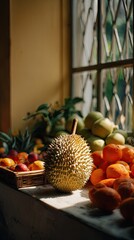 Durian fruit displayed with other fruits