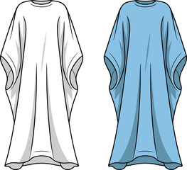 Women’s kaftan dress flat sketch, loose fit robe with wide sleeves, fashion clothing design, cad drawing, vector illustration template