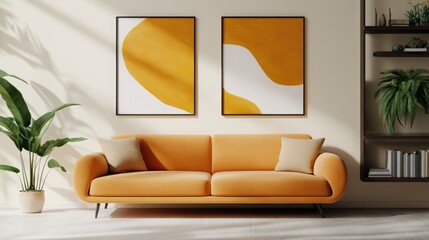 Cream wall behind a orange sofa, with two bold abstract paintings overhead. A dark wood shelf with books and ferns to the right. A warm and inviting space full of creative energy.
