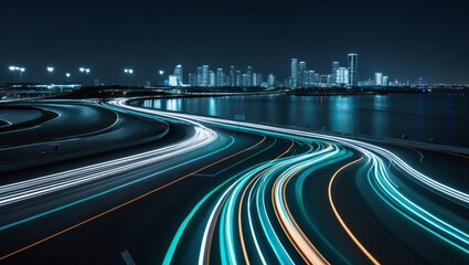 Fototapeta premium Night Grand Prix Light Trails, Harbor Reflections