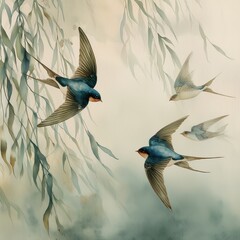Swallows in Flight Watercolor Painting