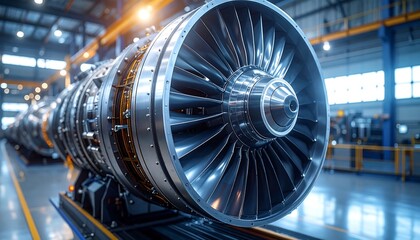 A close-up shot of a jet engine, showing its intricate details and metallic components within a large industrial facility