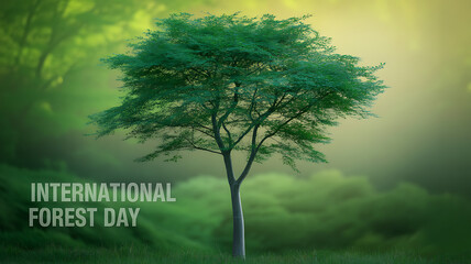 A solitary tree stands in a lush green forest with soft sunlight filtering through the canopy, celebrating International Forest Day.