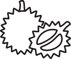 Outline drawing of two spiky durian fruits one cut open showing segments