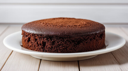 ココアパウダーをまぶしたシンプルなホールサイズのガトーショコラを白い皿に乗せ明るい木製の背景で撮影した写真