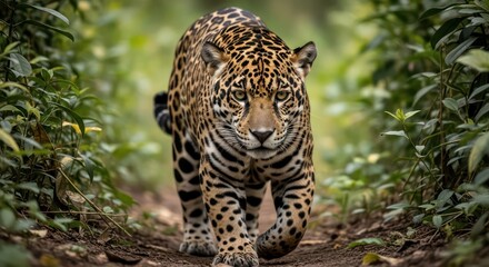 Obraz premium Majestic Jaguar Strolling Through Lush Green Forest, Focused and Intense Gaze