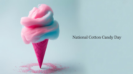 A pink and blue cotton candy swirl on a cone with a light background, celebrating National Cotton Candy Day