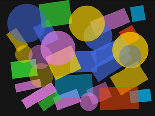 Colorful Geometric Shapes Pattern on Black Background | Abstract Circles and Rectangles Design for Backdrops, Overlays and Graphic Design