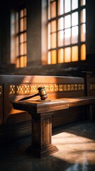 Wooden gavel on a bench in a courtroom