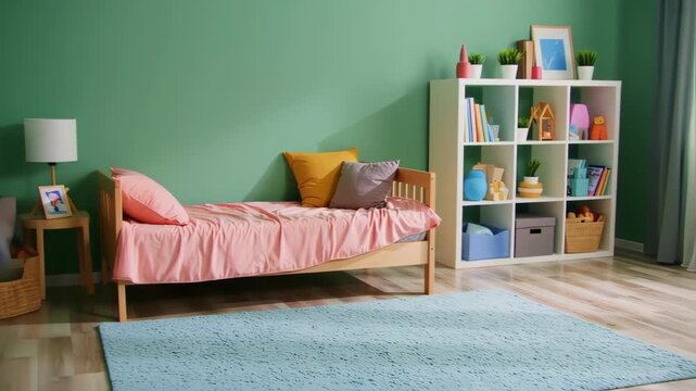 Child's bedroom with mint green walls, a light-colored wooden floor, and a light blue patterned rug. 