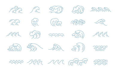Collection of editable vector wave icons in various styles and shapes for design projects and illustrations